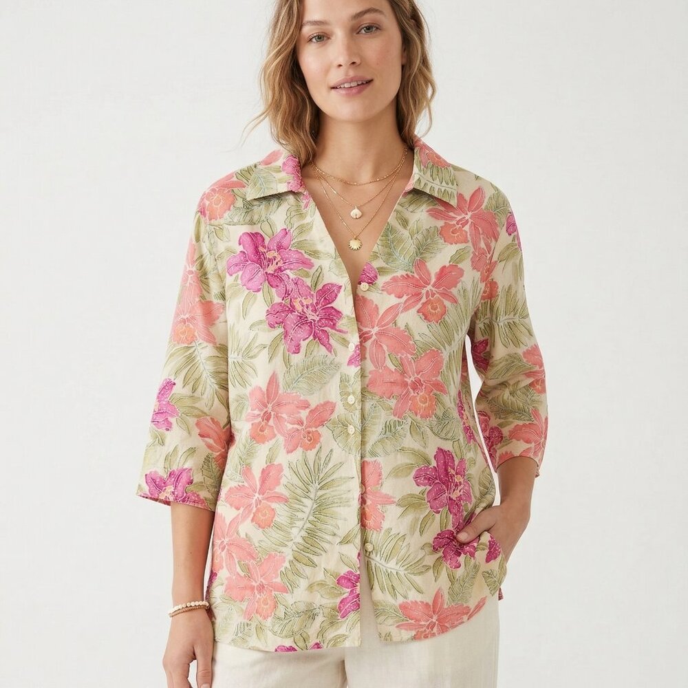 Avenue Blouse Green Pink Floral Tropical Beach Linen Blend 18/20 XL